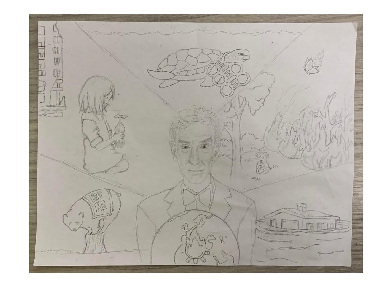 Mural sketch feautiring Bill Nye, a polar bear, a burning forestt, a sea turtle, a flooded house, and a girl planting a seedling.